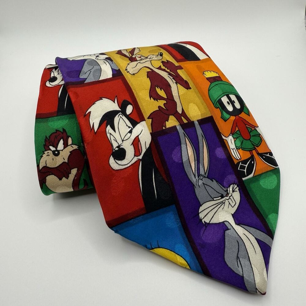 Looney Tunes Tie Silk Colorblock Bugs Bunny, Tasmanian Devil, 90s Y2k Fun Quirky - Picture 2 of 9